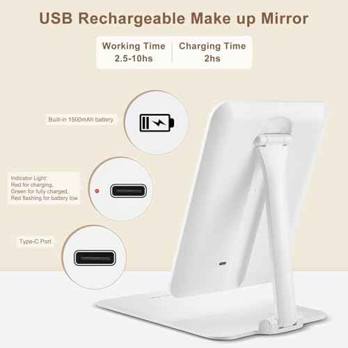 Lighted Travel Mirror with Rechargeable Light, Adjustable Stand & 3 Light Colors