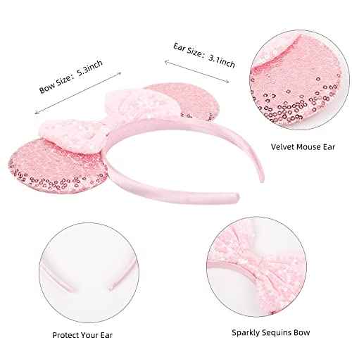 WOVOWOVO Mouse Ears Headbands for Women Sparkle Pink Bow Mouse Ears Hairbands Halloween Christmas Birthdays Princess Party Hair Accessories