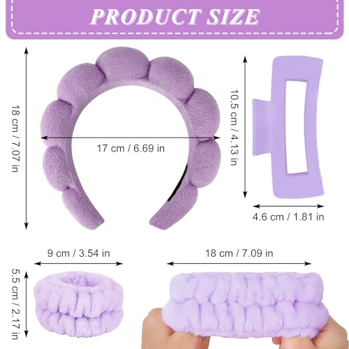 Wecoe Pink Purple Spa Headband And Wristband Set Skincare Headband For Washing Face Hair Claw Clips For Thick Hair Cute Puffy Sponge Bubble Makeup Head Band Wrist Towels Scrunchies For Women Girls