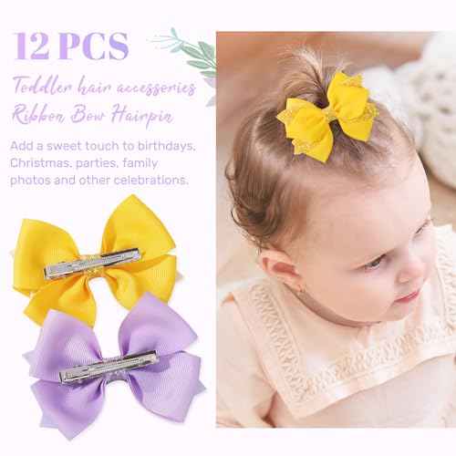 choicbaby 12pcs Hair Bows for Girls Toddler Hair Bows 4" Sequin Ribbon Baby Girl Bows with Alligator Clip Hairpins Accessories for Toddler Baby Girl Kids