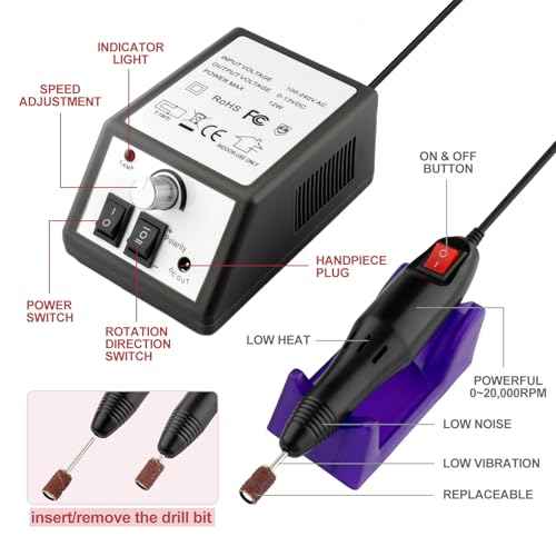Professional Electric Nail Drill Machine Nails File Manicure Pedicure Set for Acrylic Gel Dip Powder Art Shape Remover Tool Polisher Grinder Low Noise with 6 Drill Bits 156pcs Sanding Bands (Black)