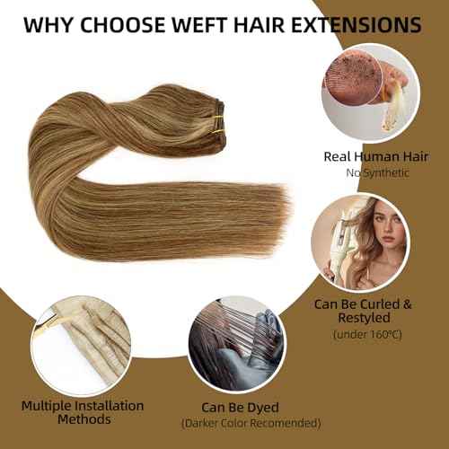 Sew in Hair Extensions Real Human Hair, 110g 16 inch Medium Brown Highlight Honey Blonde Weft Hair Extensions Remy Straight Weave Bundles