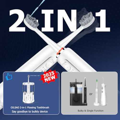 Electric Toothbrush with Water Flosser Combo in One, Professional Flossing Toothbrush for Teeth Cleaning and Flossing, Plaque Removal, Rechargeable, 5 Brush Modes & 3 Flossing Speeds, 500ML