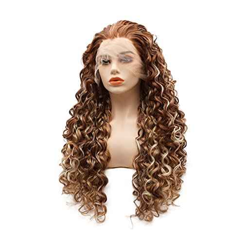 Hair Synthetic Lace Front Wig Curly Long 26inch Dark Brown Blonde Mix Heavy Density Heat Resistant Realistic Wig