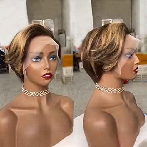13x4 Pixie Cut Short Bob Wig Highlight Honey Blonde Brown Color Straight Short Bob Transparent Lace Front Human Hair Wigs For Women Brazilian Virgin Hair 150 Density Pre Plucked