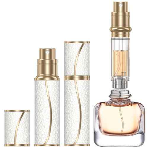 10ml Perfume Travel Refillable Atomizer,Genuine Leather Bottom Filling Perfumes Bottle,Mini Fragrances Dispenser,Portable Cologne Sprayer Pocket Size for Plane Trip Gift 0.34oz (White)