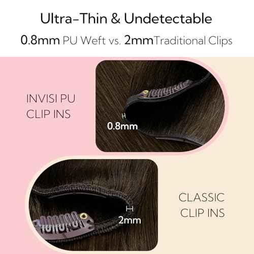 HOTBANANA Invisi Edge Clip in Hair Extensions, 16inch 110g 4Pcs Injected Seamless and 3Pcs PU Clip Ins Human Hair Extensions Balayage Chocolate Brown with Honey Blonde