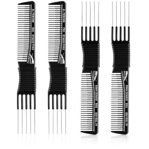 Patelai 4 Pcs Carbon Lift Teasing Comb with Metal Prong Lift Teasing Comb and Hair Pick Salon Fluffing with 5 Stainless Steel Pins for Women Hair(Black)