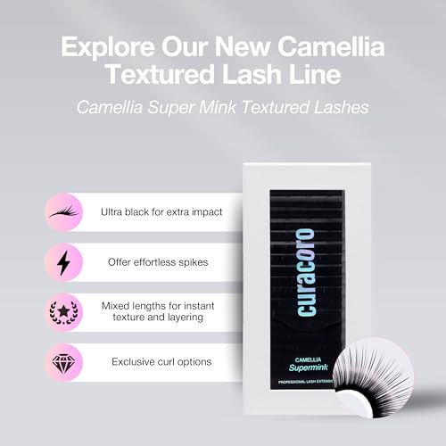 Curacoro Camellia Super Mink Textured Lashes, 0.07mm Thickness, J B C CC LB LC Curl, Pre-Layered Mixed Length Wispy & Spiky Lashes For Anime, Wet Look or Wispy Lash Set, Pro Lash Supplies