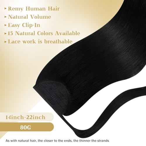 Ve Sunny Ponytail Extension Real Human Hair for Women Clip in Ponytail Hair Extension Straight Hair Pieces Wrap Around Jet Black 22inch 80G