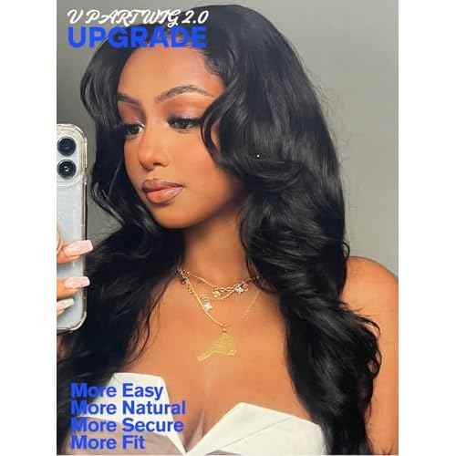 Nadula Yaki Wavy V Part Drawstring Wig Human hair with Blow Out Bangs, Glueless EasiContour Vpart Wigs No Leave Out Beginner Friendly Clip In V Shape Wigs Upgrade Wavy U Part Wig 150% Density 18inch