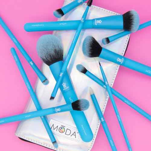 MODA Totally Electric Neon Blue Full Face Makeup Brush Kit ? 13pc Vibrant Brush Set for Face & Eyes with Zip Case