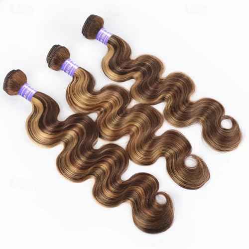 Perstar Highlight Human Hair Bundles Honey Blonde Body Wave 3 Bundles 16 18 20 Inches 100% Brazilian Virgin Hair Ombre 4/27 for Women Colored Human Hair Sew In Weave