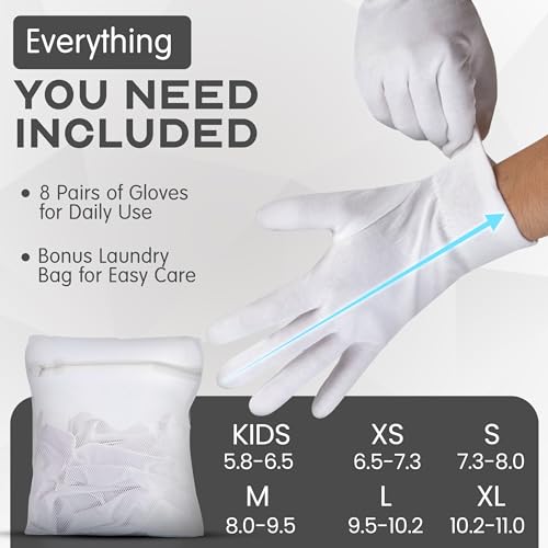 White Cotton Gloves for Dry Hand Sleeping - 8 Pairs of Washable Overnight Moisturizing Gloves with Laundry Bag, Breathable White Gloves for Women & Men