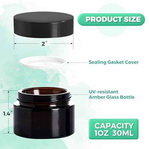 Jarsoph 1OZ Amber Glass Jars with lids, 36 Pack Empty Cosmetic Jars, Refillable Airtight Wide Mouth Container for DIY, Sample, Cream, Lotion, Candle Making, Powder, Cosmetic