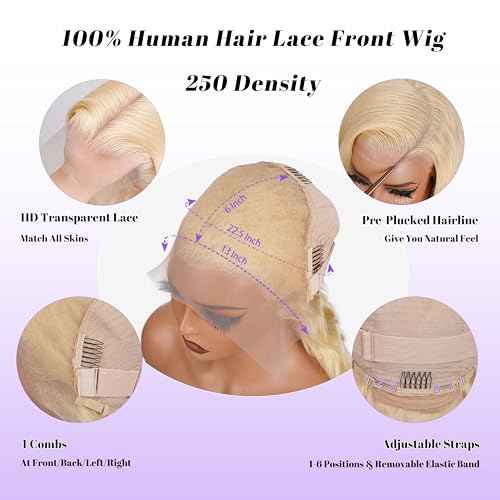 613 13x6 Lace Front Wig Human Hair Pre Plucked 250 Density 16 Inch Body Wave Blonde Wig Human Hair 613 HD Lace Frontal Wigs 13x6,100% Real Human Hair No Tangle No Shedding Triple Lifespan 3X