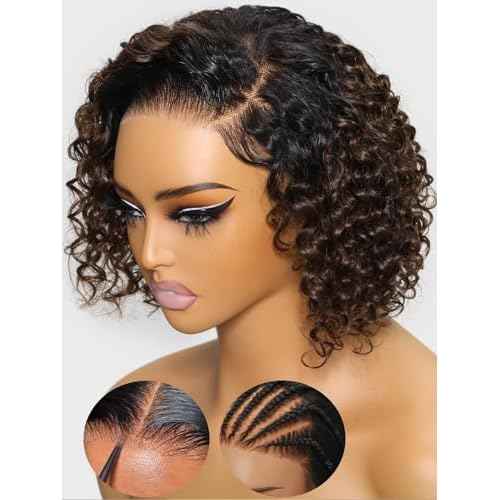 KLAIYI Ombre Brown Curly Bob Wig Human Hair Bye Bye Knots Glueless Wig Precut Lace Pre Bleached Pre Plucked 7x5Lace Front Easy to Wear Put On Go Wig with Dark Roots Side Part Balayage Brown Wig 10Inch