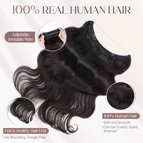Elailite Halo Hair Extensions Real Human Hair for Women Natural Black Wavy Hair Halo Clip in Remy Hairpiece with Adjustable Invisible Wire 20 Inch 70G