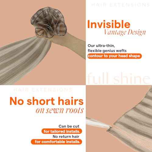 Full Shine Genius Weft Hair Extensions Color Ash Blonde Mix Bleach Blonde Human Hair Weft Sew In Invisible hair weft extensions Real Hair Hand Tied Extensions 22 Inch 80G