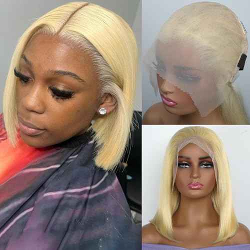 Honey Blonde Bob Wig Human Hair Full 13x6 HD Lace Frontal Glueless Wigs Pre Cut Pre Plucked 100% Unprocessed Brazilian Virgin Human Hair Wigs for Black Women - 180% Density 12 Inch 613 Bob Wig