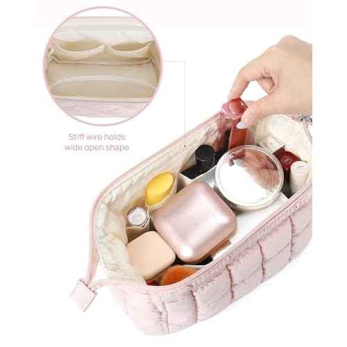 Telena Puffer Makeup Bags for Women, Nylon Puffy Padded Make Up Bags for Women Makeup Organizer Case, Wide-open Makeup Pouch Travel Essentials (Pink-2)
