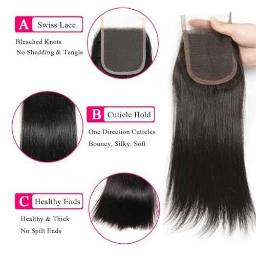 10A Straight Bundles with Closure Human Hair 20 22 24+18 Brazilian Human Hair Bundles with Closure 100% Unprocessed Virgin Straight Hair Weave 3 Bundles with Lace Closure 4x4 Free Part Natural Color
