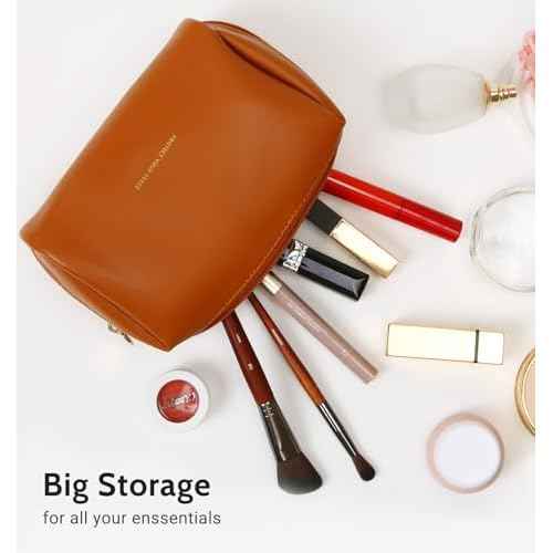 Aveniee Small Travel Makeup Bag, Vegan Leather Cosmetic Pouch for Purse,Wide-open Toiletry Organizer with Dividers & Zipper, Beauty Storage for Women-Brown
