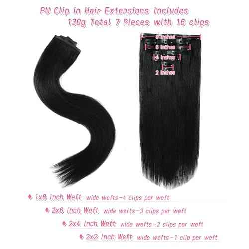 Essent Seamless Sleek Straight Clip in Hair Extensions Seamless Real Human Hair, 16 Inch 1Pack 130g 7Pcs Human Hair Extensions for Women Natural Black