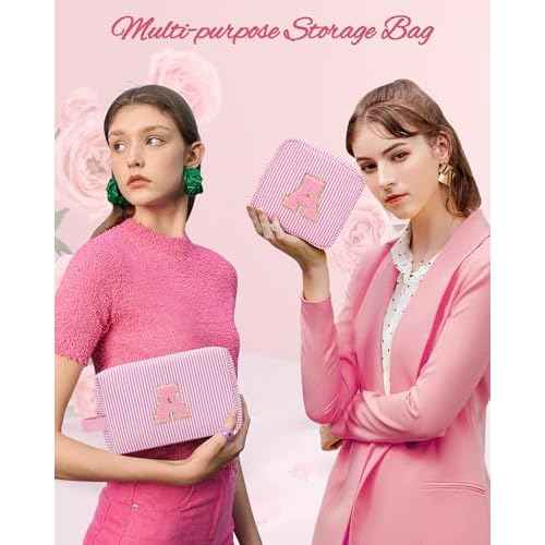 MONSTINA Initial Makeup Bag Set for Girls&Women,Personalized Make Up Case for Girlfriend Graduation Teacher Gifts,Cute Toiletry Bag Preppy Chenille Letter Patch,Pink A