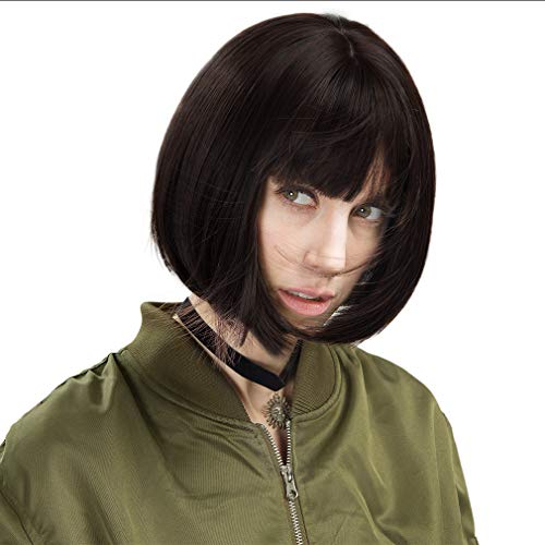 REECHO 11" Short Bob Wig with bangs Synthetic Hair for White Black Women Color: Black Brown