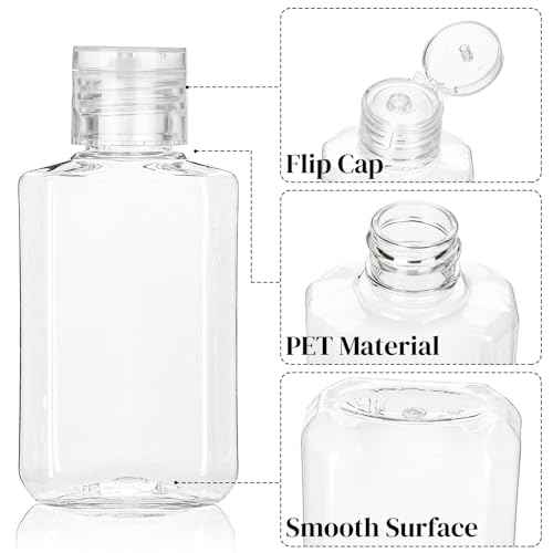 60 Pack Plastic Refillable Flip-Top Bottles, 2 OZ Clear Empty Travel Hand Sanitizer with Flip Cap, Portable Small Liquid Squeeze Container for Shampoo, Lotions, Liquid Body Soap, Creams