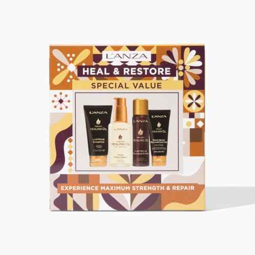 L'ANZA Keratin Healing Oil Sampler Hair Kit, Keratin Hair Oil Treatment with Travel Size Shampoo, Finishing Hair Spray & Rapid Bond Reconstructor Hair Care Kit in a Gift Box(1.7/2/0.68 Fl Oz)