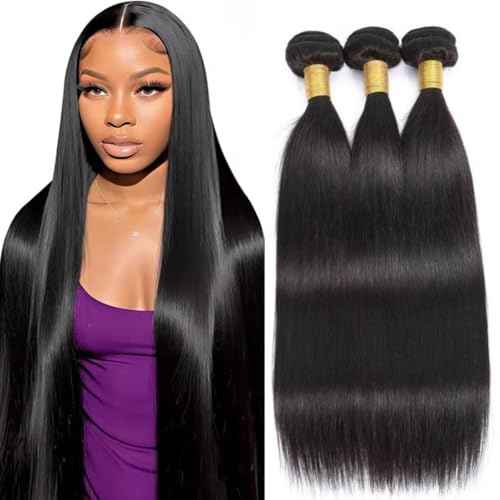 12A Straight Bundles Human Hair 20 22 24 Inch Human Hair Bundles 100% Unprocessed Brazilian Virgin Hair for Women Quick Weave Hair 3 Bundle Deals Hair Extensions Natural Black