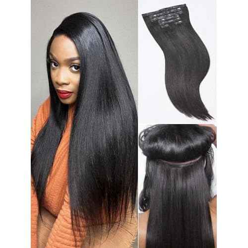 LUVME Yaki Straight Seamless 2 Pack 220g 14Pcs Clip in Hair Extensions Full Max with 14inch Remy Human Hair Extensions, Natural Black 100% Real Soft Hair