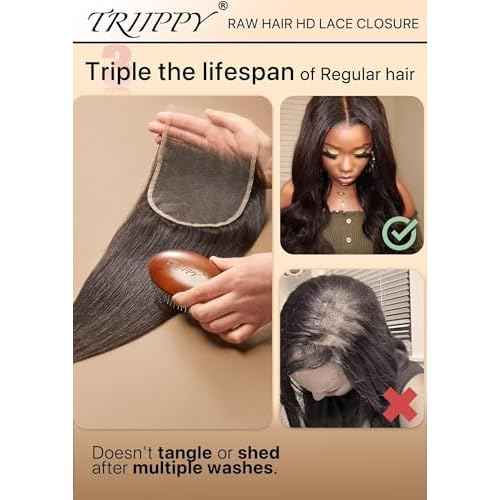 Triippy Raw Hair 5x5 HD Lace Closure Straight,More Less Shedding than Regular Virgin Hair,(16 Inch)0.10mm Ultra-Thin 5x5 Swiss Real HD Lace with 100% Raw Cambodian Human Hair