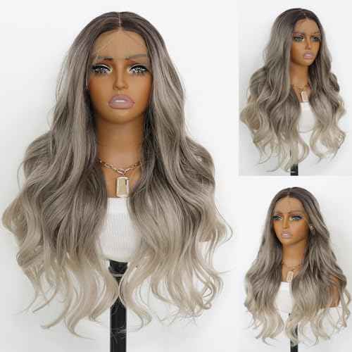 Ash Gray Wavy Synthetic Wig 3 Tone Ombre Grey 13¡¿4 Lace Front Wigs Heat Resistant Fiber Wig for Women 24 Inches 150 Density