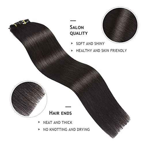Yilite Clip in Hair Extensions - 20 Inch 120g 8pcs Real Human Hair Natural Silky Double Weft - Off Black