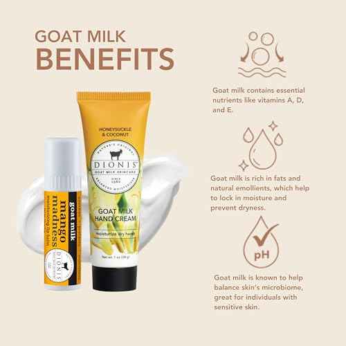 Dionis Goat Milk Skincare Hand Cream & Lip Balm Set - Safe For Sensitive Skin, Moisturize, Hydrate, Dry Chapped Lips and Skin, Cruelty Free, Honeysuckle & Coconut and Mango Madness, 1 oz and .28 oz