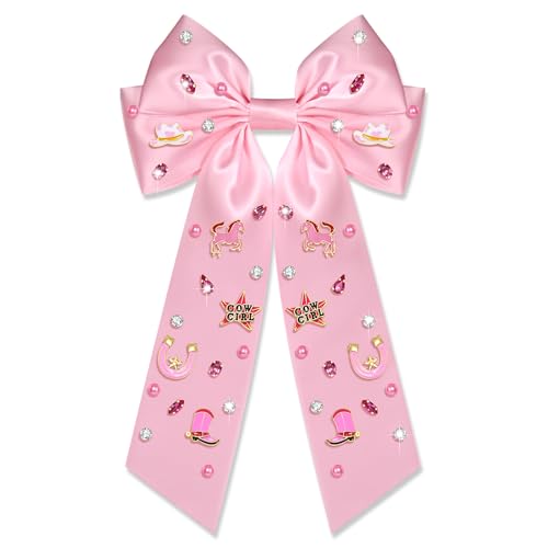 Western Hair Bows for Women Howdy Cowgirl Hair Bow Clips Cowboy Hat Boot Hair Ribbons Jeweled Big Pink Hair Bows Western Hair Accessories Bachelorette Rodeo Nashville Cowgirl Outfits Gifts (Pattern D)
