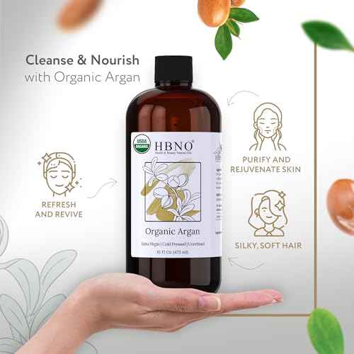HBNO Organic Argan Oil - Huge 16 oz (475 ml) Value Size - Natural Argan Oils, Cold Pressed - Perfect Carrier Oil for Massage, Aromatherapy, DIY, Soap Making, Face, Body, Lips, Hair, Nails