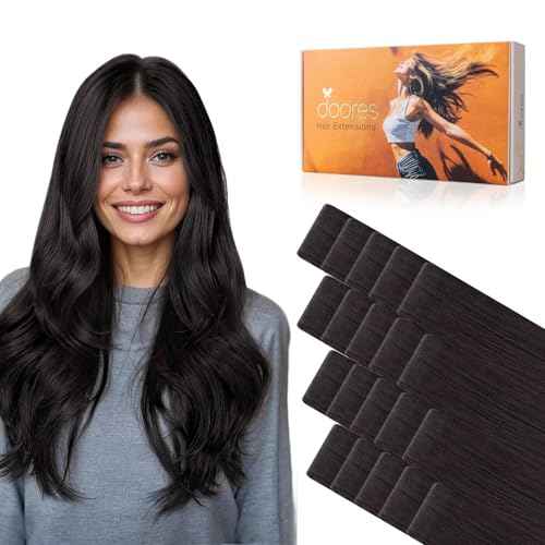 DOORES Invisi Edge Tape in Hair Extensions, Natural Black 10 Injection Tapeins with 10 Injection Tapeins 50g 24 Inch, Injected Tape in Extensions Virgin Hair Thick Ends