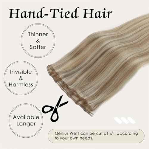 ABH AMAZINGBEAUTY HAIR Genius Weft Hair Extensions Human Hair Sew in Hair Extensions Real Human Hair Weft Extensions Hand Tied Virgin Hair 50G, #P8/60 Ash Brown Highlighted Platinum Blonde 20 Inch