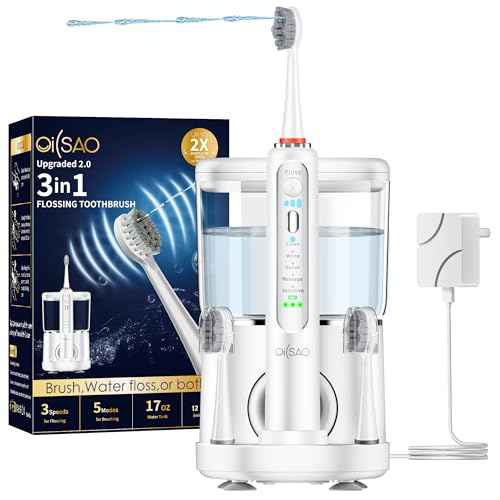 Electric Toothbrush with Water Flosser Combo in One, Professional Flossing Toothbrush for Teeth Cleaning and Flossing, Plaque Removal, Rechargeable, 5 Brush Modes & 3 Flossing Speeds, 500ML