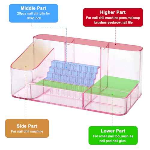 ANRUI Nail Drill Holder, 28 Holes Acrylic Nail Drill Bit Holder, Professional Nail Drill Desk Organizer Case and Storage Box for Manicure Tools - Pink (Not included Tools)