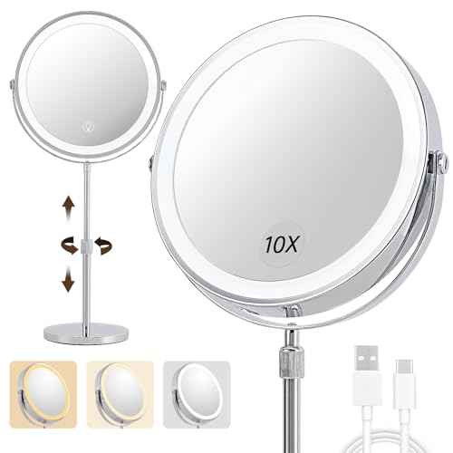 1X/10X Magnifying Makeup Mirror with Lights - 9" Large Dual-Sided Vanity Mirror with 3 Color Lights for Women's Travel Cosmetic Mirror | 3000 mAh-USB Rechargeable | 360¡Æ Rotation | Adjustable Height