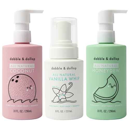 Dabble & Dollop Beachy Bundle, Natural Bubble Bath, Body Wash, Shampoo for Kids, Paraben & Sulfate Free, Vegan, Gluten-Free, Tear-Free, Honeydew Melon, Vanilla & Coconut (Set of 3)