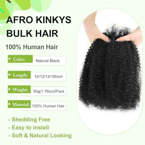 poetically 10 Inch Afro Kinkys Bulk Human Hair 2 Bundles 100g Natural Black Afro Kinky-Curly Human Hair Bulk for Twist/Dreadlock Extensions/Repair Locs/Braids Mini Twist Braiding Hair