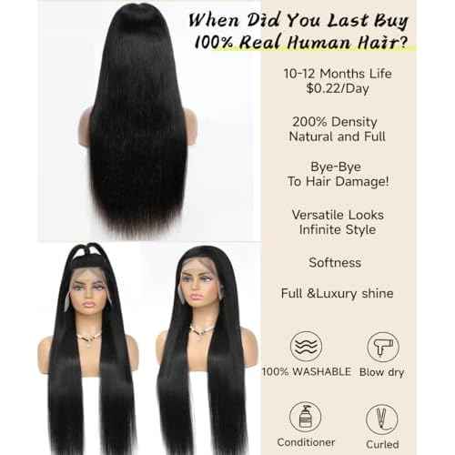 Sealusa Straight Wigs Human Hair 100 Percent Human Hair Wig 200% Density 13x6 Lace Front Wigs No Tangle Shedding Silky Soft Smooth Glueless HD Frontal Wigs Natural Black Invisilbe Hairline 24 Inch