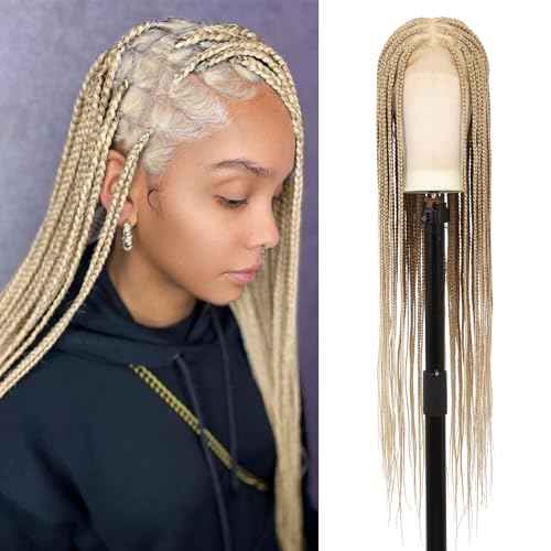 360¡ÆHD Full Lace Square Knotless Braided Wigs For Women 36 Inch Box Braid Wig With Baby Hair Premium Synthetic Braided Lace Front Wig Honey Blonde With Light Blonde Ends Hand Braid Wigs