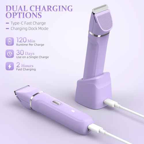5-in-1 Bikini Trimmer for Women, IPX7 Waterproof Electric Razors Shaver, Cordless Body Hair Trimmer, Facial & Pubic Hair Removal, Ceramic Blade (Purple)